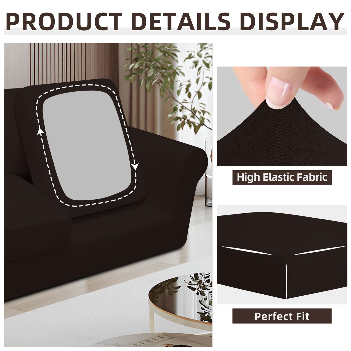 Easy-Going 7 Pieces Stretch Couch Cover Washable Sofa Cover Set for 3 Backrest and Seat Cushion Couch Anti-Slip Sofa Slipcover Furniture Protector with Elastic Bottom (Large, Chocolate)