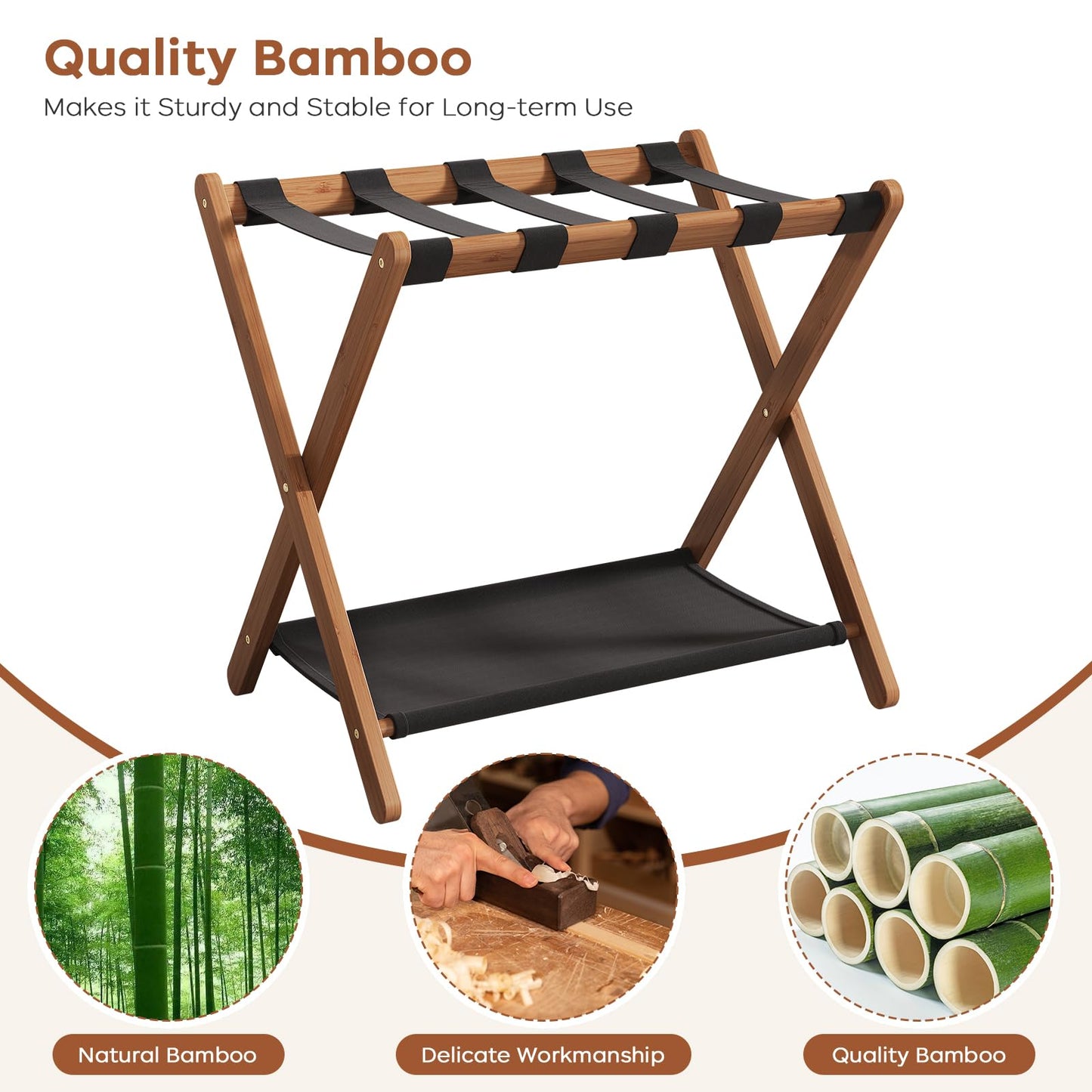 Fully Assembled Walnut Luggage Racks Set of 2, Bamboo 26.77" Luggage Rack Stand for Guest Room, 5 Nylon Straps, Foldable Suitcase Stand with Storage Shelf for Bedroom Hotel, Holds up to 165 Lbs