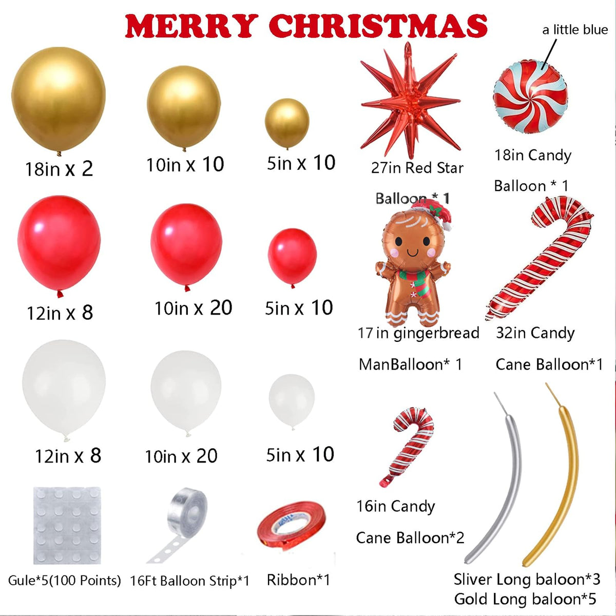 Christmas Balloon Garland Arch Kit Xmas Holiday Balloons with Red White Golden Balloon Candy Foil Balloon Candy Cane Balloon Red Starburst Balloons for Christmas Party Decorations