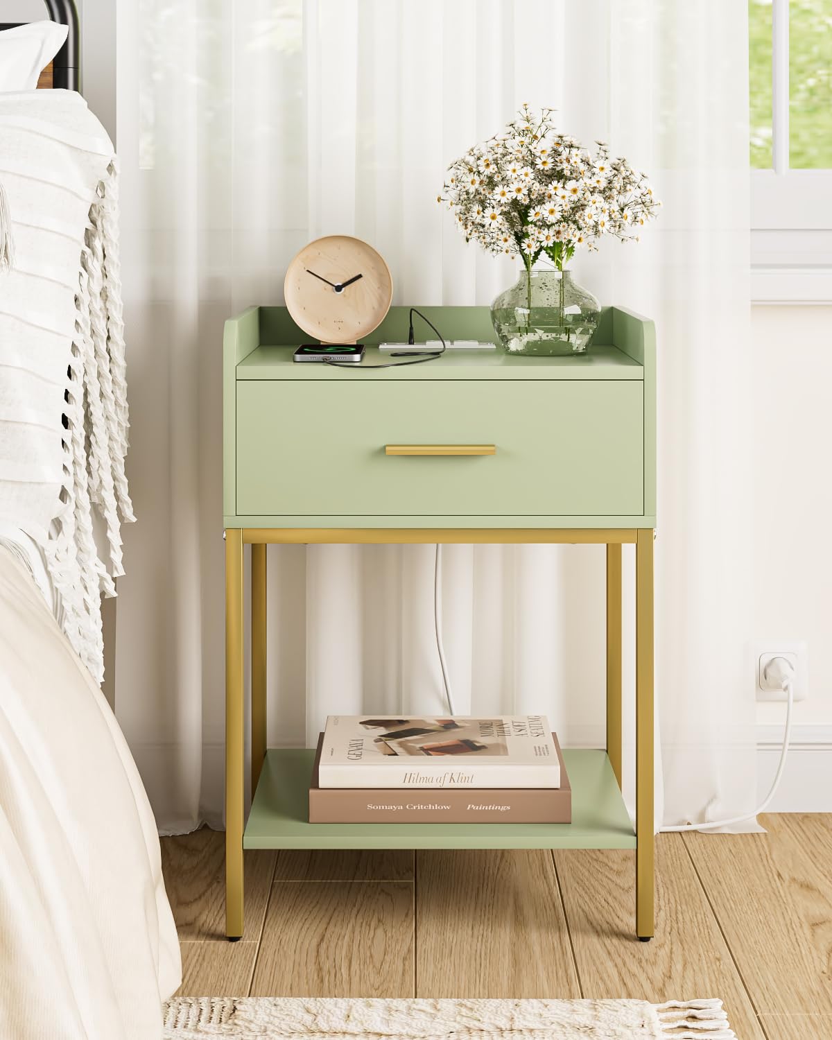 Apetaccat Nightstand with Charging Station,3-Tier Modern Bedside Table Night Stand with Storage Drawer and Open Shelf,Small End Side Table for Bedroom,Living Room,Green