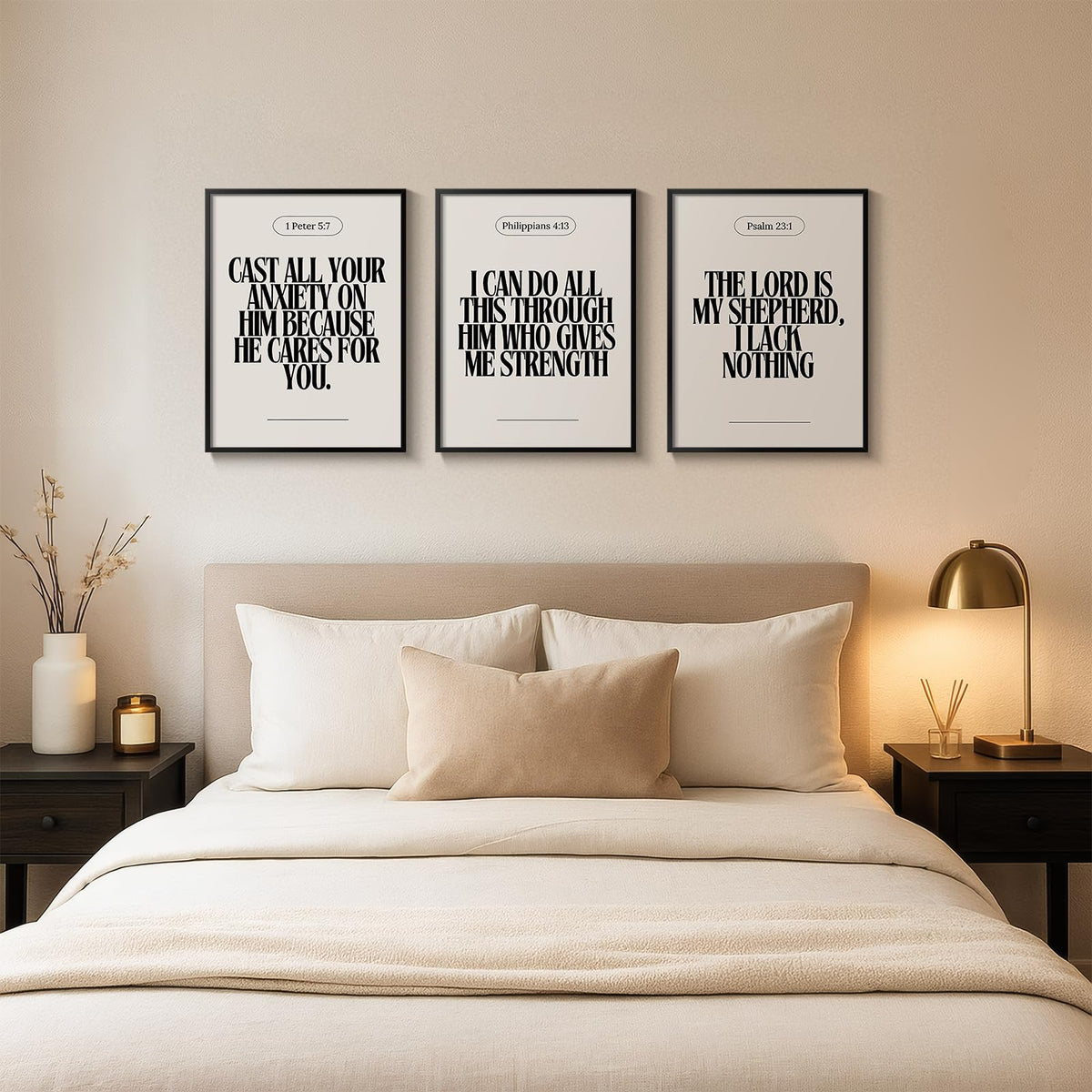Framed Christian Wall Art Set of 3, Neutral Bible Verse Prints 1 Peter 5 7 Philippians 4 13 Psalm 23 1, Religious Inspirational Scripture Artwork Decor for Living Room Bedroom Prayer Room, 12x16 Inch