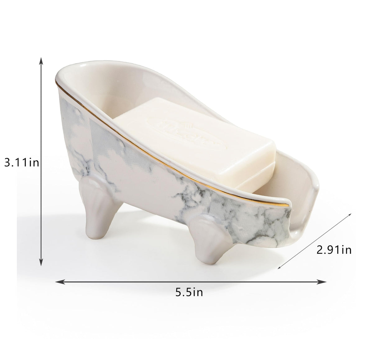 5.5" Self Draining Mini Bathtub Soap Dish, Ceramic Bar Soap Holder with Drain, Marble Pattern Decorative Soap Saver for Shower, Bathroom & Kitchen Sink, Keep Soap Dry, Easy to Clean