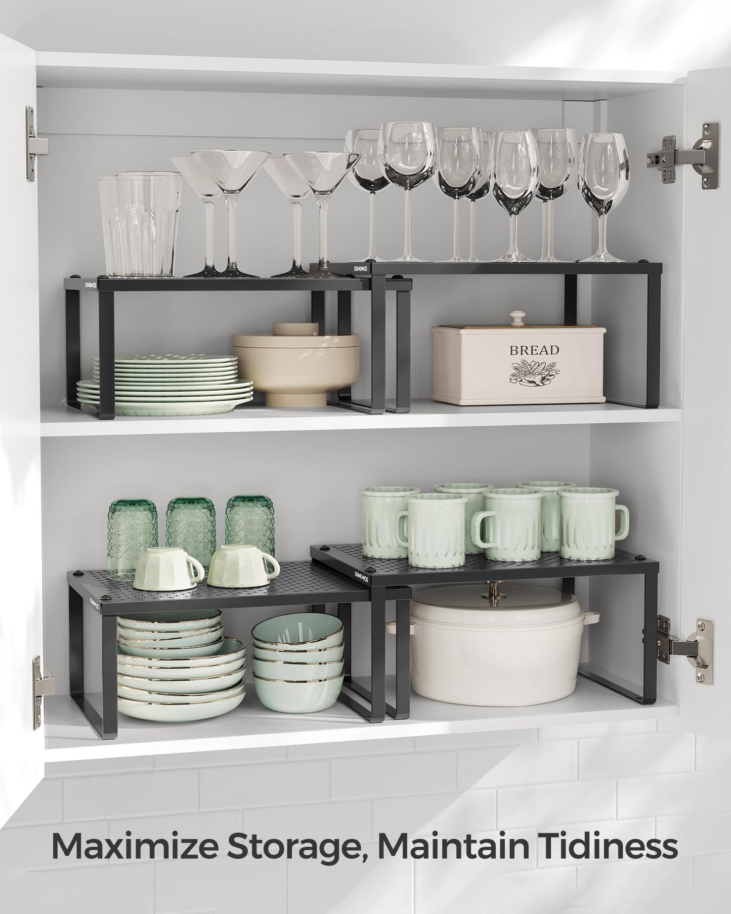 SONGMICS Spice Racks, Set of 2 Metal Cabinet Shelf Organizers, Countertop Organizers, Shelf Risers, Stackable, Expandable, Ink Black UKCS001B01