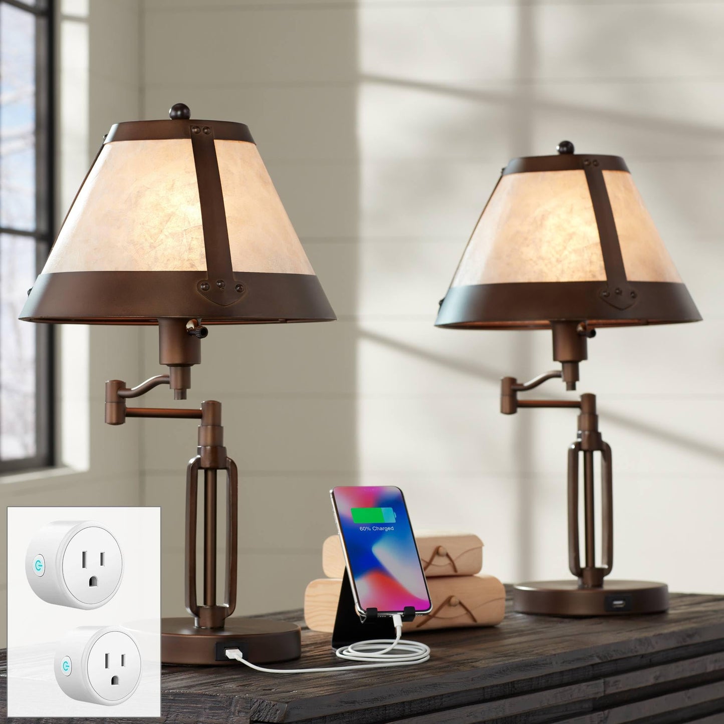 Franklin Iron Works Samuel 21 1/4" High Small Farmhouse Rustic Traditional Desk Lamps Set of 2 USB Port Swing Arm with Socket Brown Bronze Finish Metal Shade Home Office Living Room Charging Bedroom