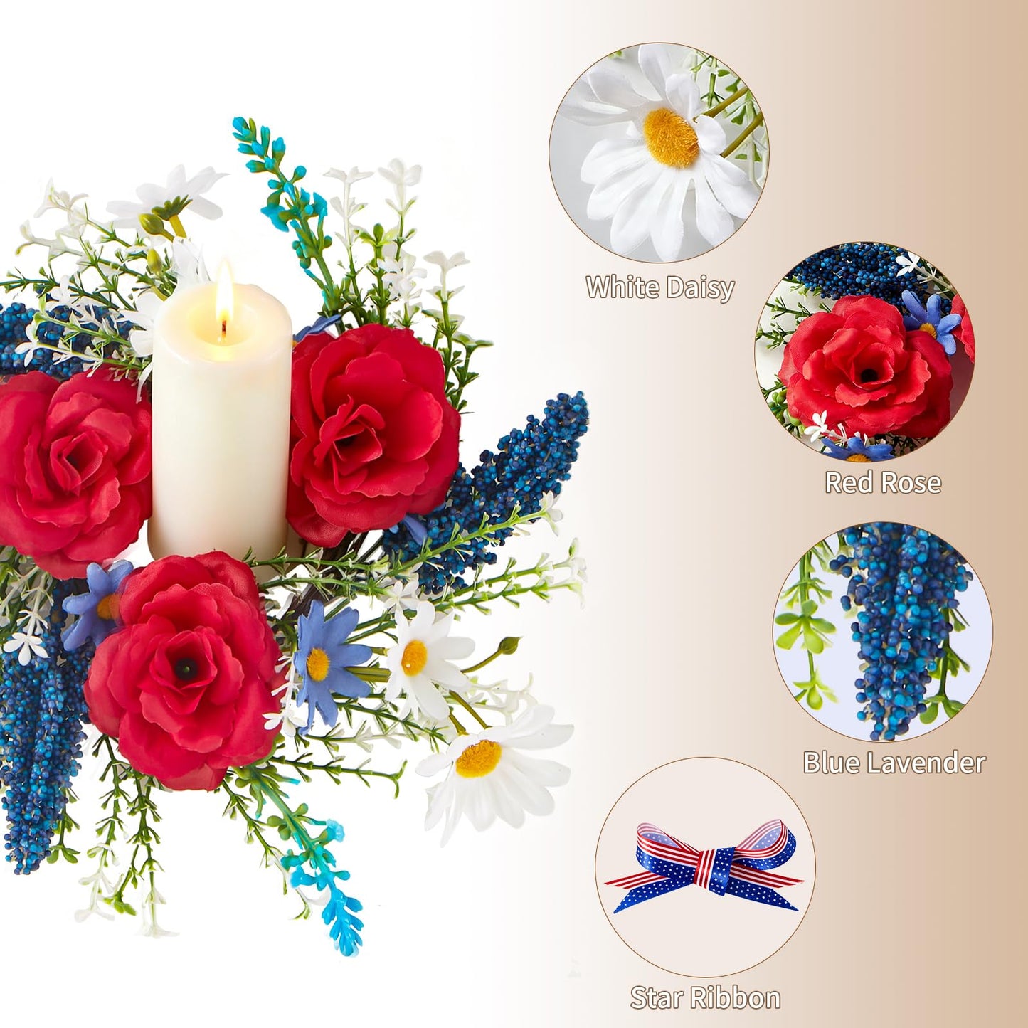 Mini 4th of July Wreath 6Pcs, 11.8 Inch Small Patriotic Wreath with Ribbon, Artificial Rose Lavender Daisy Wreath, Hanging/Tabletop/Candle Ring Decor for Home Front Door, Porch, Wall, Window, Cabinets