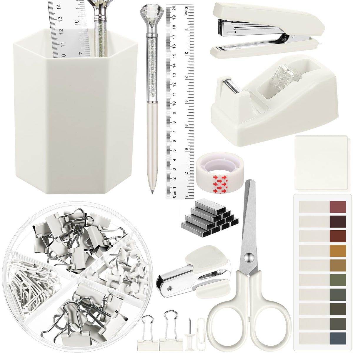 Marspark 12 Pcs Beige Office Supplies Desk Accessories Set Pen Holder Tape Dispenser Stapler Staple Remover Staples Tape Ruler Scissor Pen Sticky Note Index Tab Clips Set for School Office Home