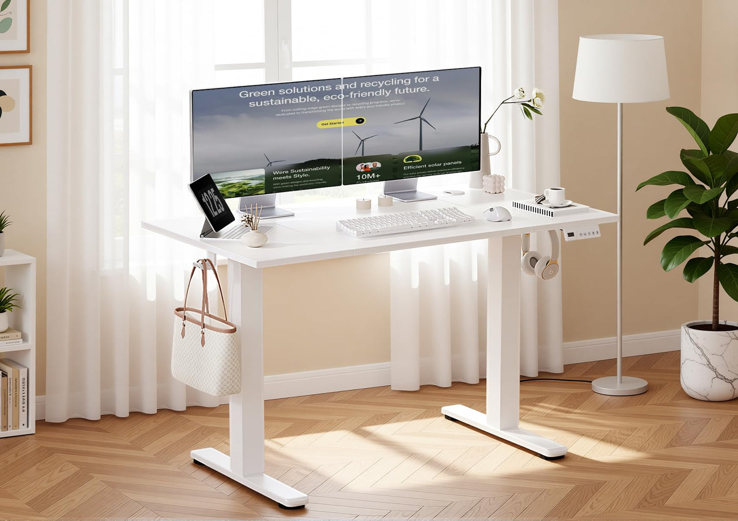 Claiks Electric Standing Desk, Adjustable Height Stand up Desk, 48x24 Inches Sit Stand Home Office Desk with Splice Board, White Frame/Cold White Top