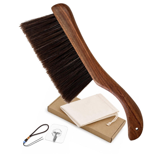 Hand Broom Dust Brush, Curved Wooden Bench Brush with Balanced Firmness Bristles for Couch, Bed, Car & Desk, Foxtail Brush & Crumb Sweeper with Drawstring Bag, Lanyard & Hook