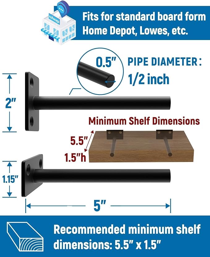 LEOPO Black 6-Pack 5 inch Floating Shelf Brackets, Hidden Shelf Bracket