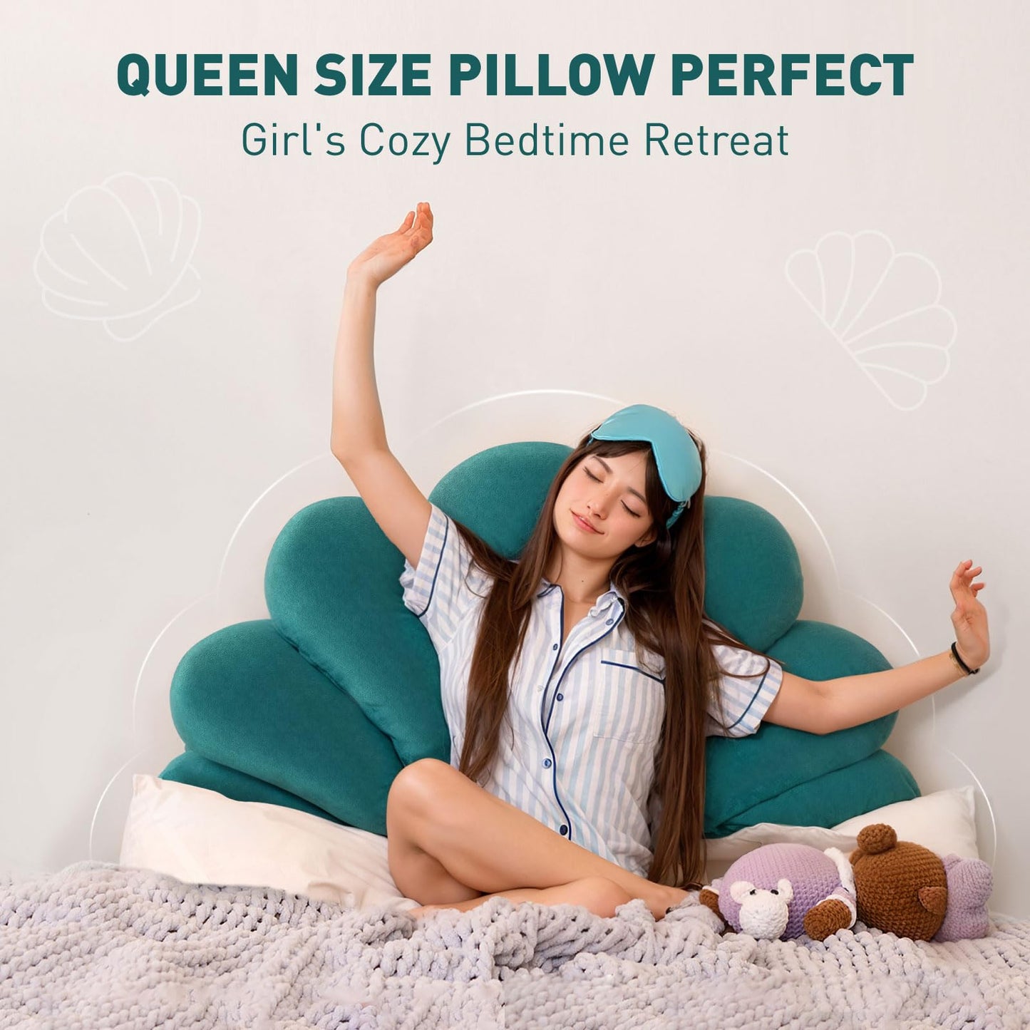 Rucener Queen Size Seashell Headboard Cushion, Soft PP Cotton Filled Upholstered Shell Headboard Pillow, Aesthetic Scalloped Wall Panel Free Standing, Coastal Decor for Teen Grils Bedroom (Blue)