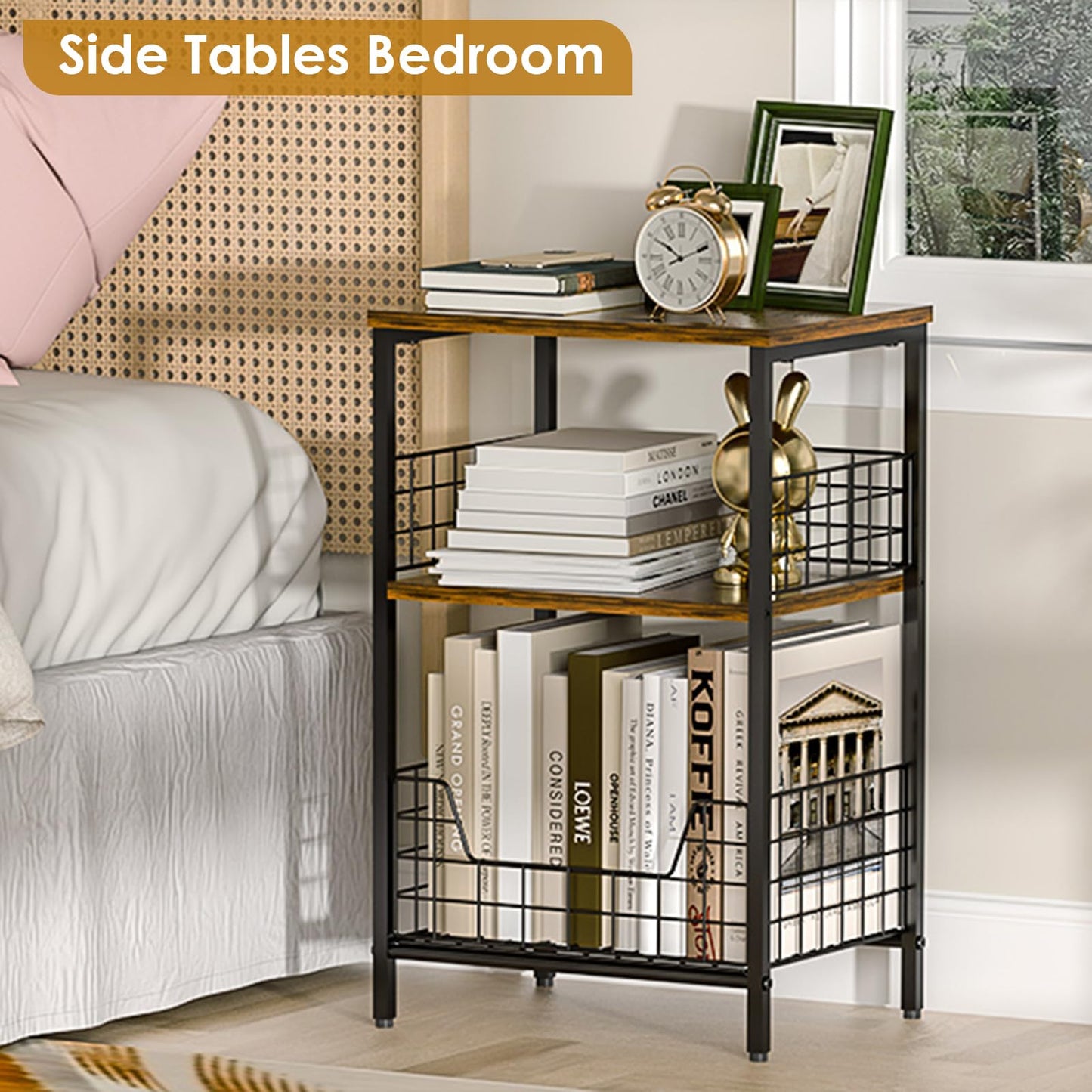 X-cosrack Side Table, Small End Table Record Player Stand with Storage, Vinyl Record Storage Night Stand for Living Room, Bedroom,Office(Patent Pending)(Rustic Brown & Black)