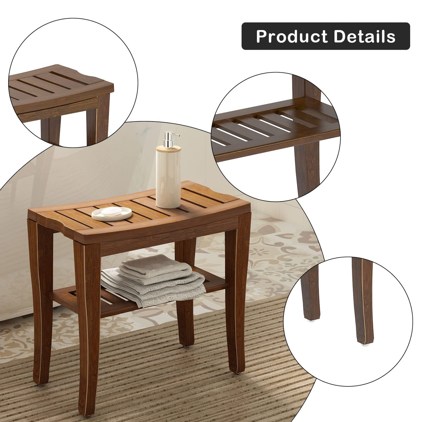 SogesHome Bamboo Shower Bench, Shower Caddies Foot Rest with Storage Shelf for Shampoo Towel, Ideal for Bathroom/Living Room/Bedroom, Dark Brown