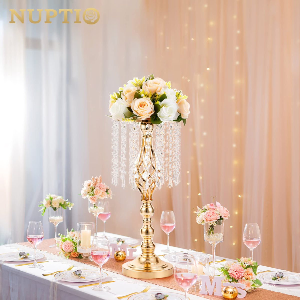2 Pcs 19.3 inches Gold Centerpieces Table Tall Crystal Flowers Stand Wedding Road Lead Flower Holders Crystal Chandelier Metal for Reception Tables Supplies