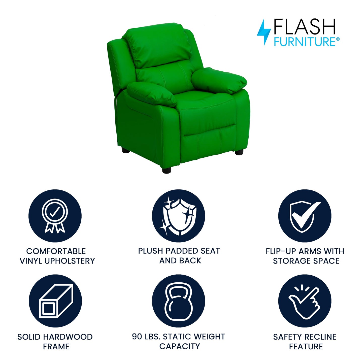 Flash Furniture Charlie Vinyl Kids Recliner with Flip-Up Storage Arms and Safety Recline, Contemporary Reclining Chair for Kids, Supports up to 90 lbs., Green