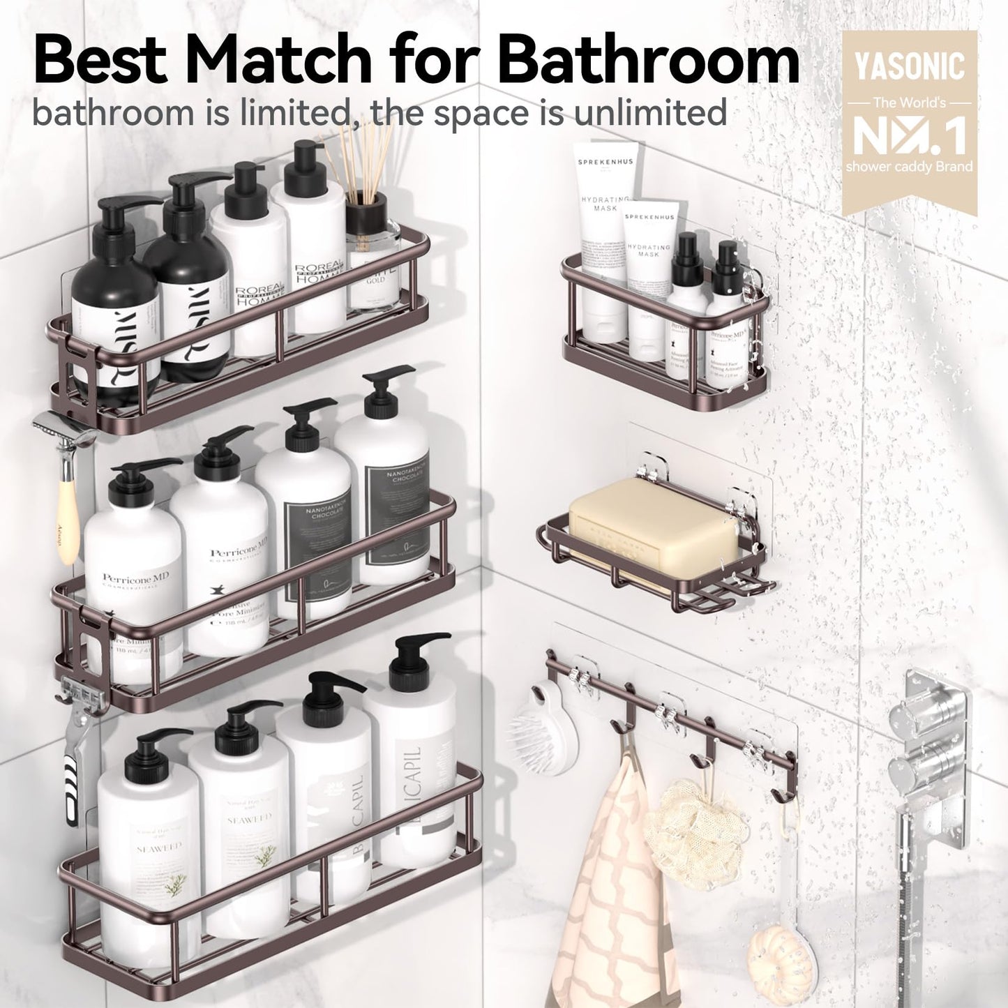 YASONIC Shower Caddy Adhesive, Rustproof Shower Organizer with Soap Holder, Large Capacity Shower Shelves for Inside Shower, No Drilling Bathroom Organizers and Storage for Home Decor（6 Pack Bronze）
