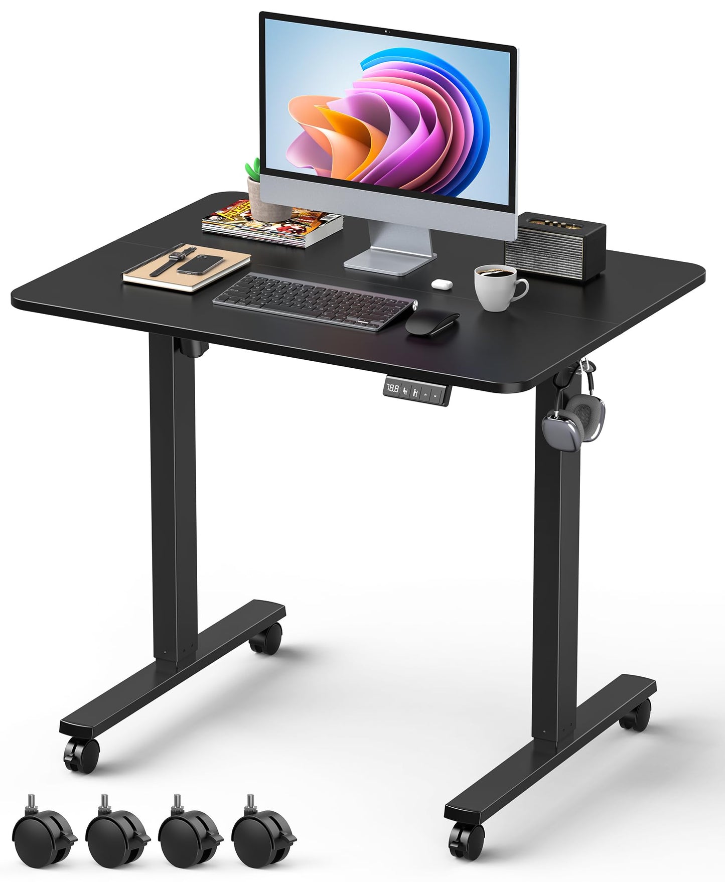 Xyndyx 32" Small Electric Rolling Standing Desk Adjustable Height, Mobile Sit Stand up Desk with Lockable Casters for Home Office & Computer Workstation, Splice Board, 2 Hooks, Black Frame/Black Top