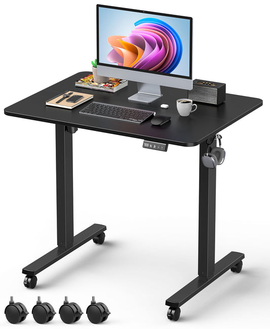Xyndyx 32" Small Electric Rolling Standing Desk Adjustable Height, Mobile Sit Stand up Desk with Lockable Casters for Home Office & Computer Workstation, Splice Board, 2 Hooks, Black Frame/Black Top