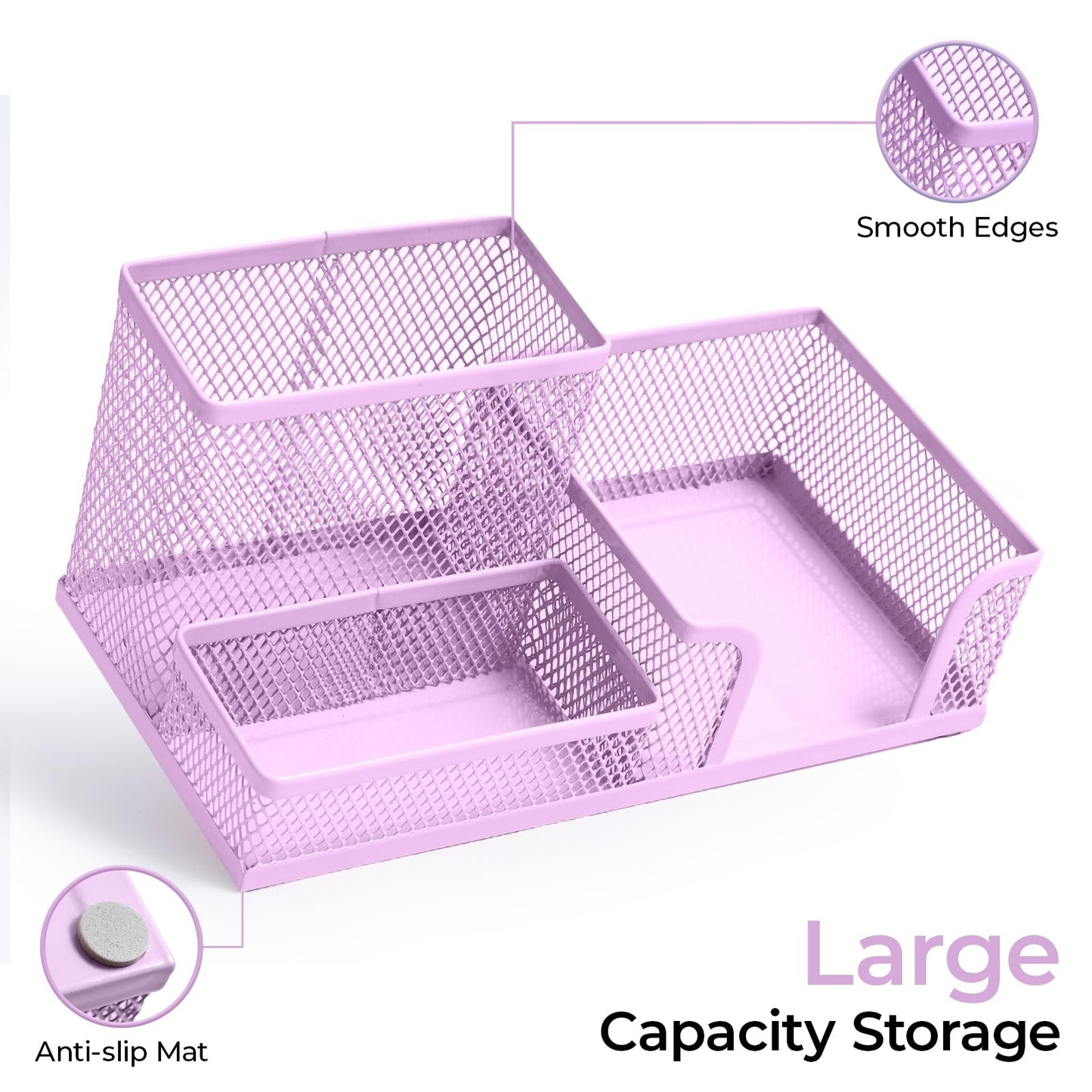 M&G Mesh Pen Holder Desk Organizers Pencil Holder for Desk Purple, 3 Compartments Metal Office Supply Organizer with Sticky Notes Holder for Home Office