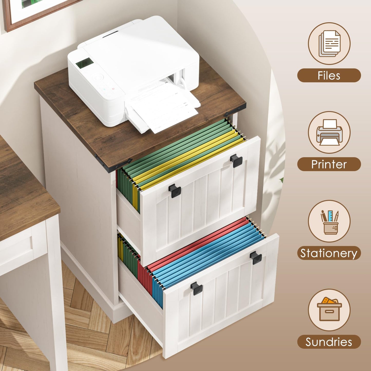 Halitaa 2 Drawer Small File Cabinet, Farmhouse Vertical Filing Cabinet Fits Letter and A4 Size, Under Desk Wooden File Cabinets for Home Office, Printer Stand, Rustic White