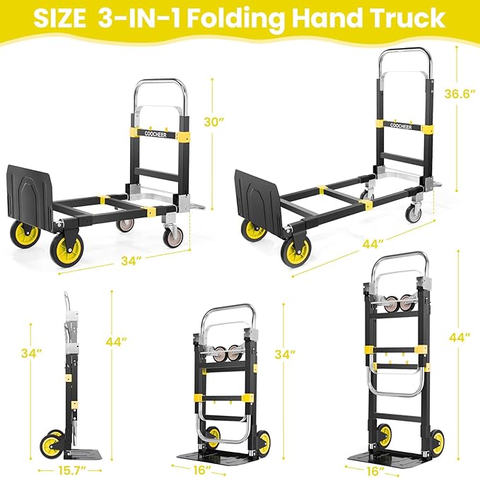 3-in-1 Folding Hand Trucks, 600Lbs Convertible Hand Truck Dolly, Heavy Duty