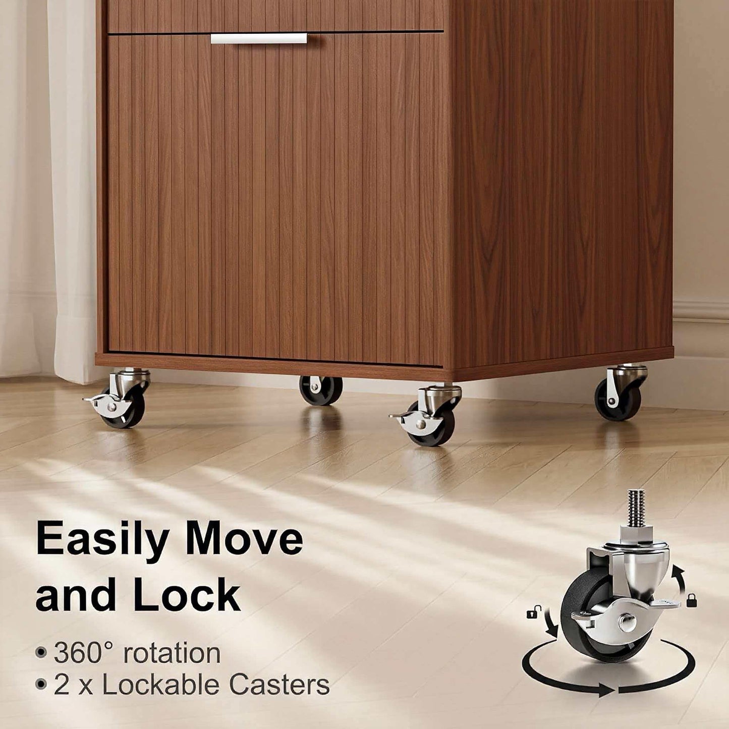 3 Drawers Fluted Mobile File Cabinet with Lock, Rolling File Cabinet Printer Stand Table, Under Desk Wooden Filing Cabinets for Home Office Essentials Storage Organization Furniture Letters/A4(Walnut)