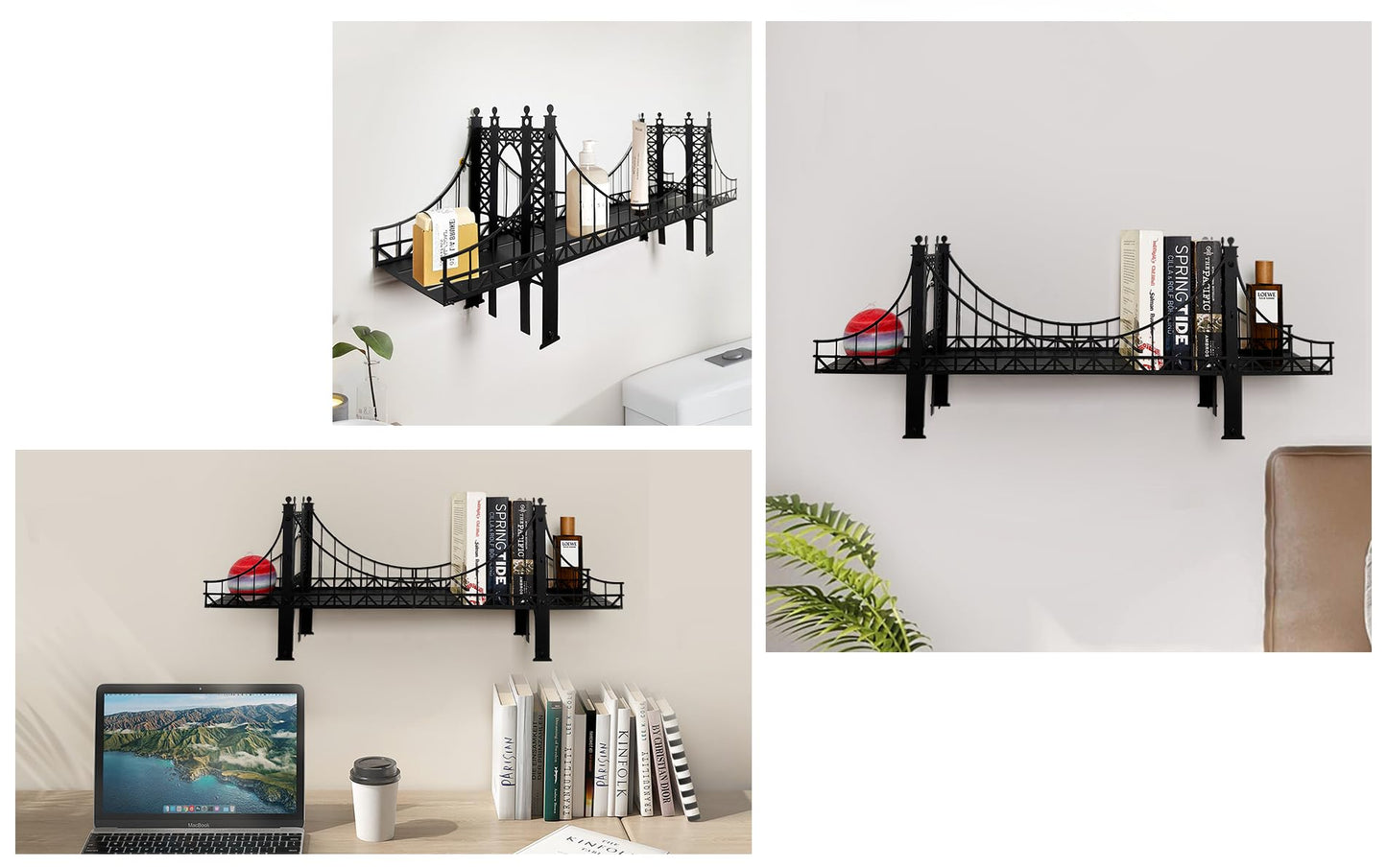 Suspension Bridge Wall Mounted Bookshelf, Black Metal Bridge Design, 26.38 x 10.28 x 5.51 inches