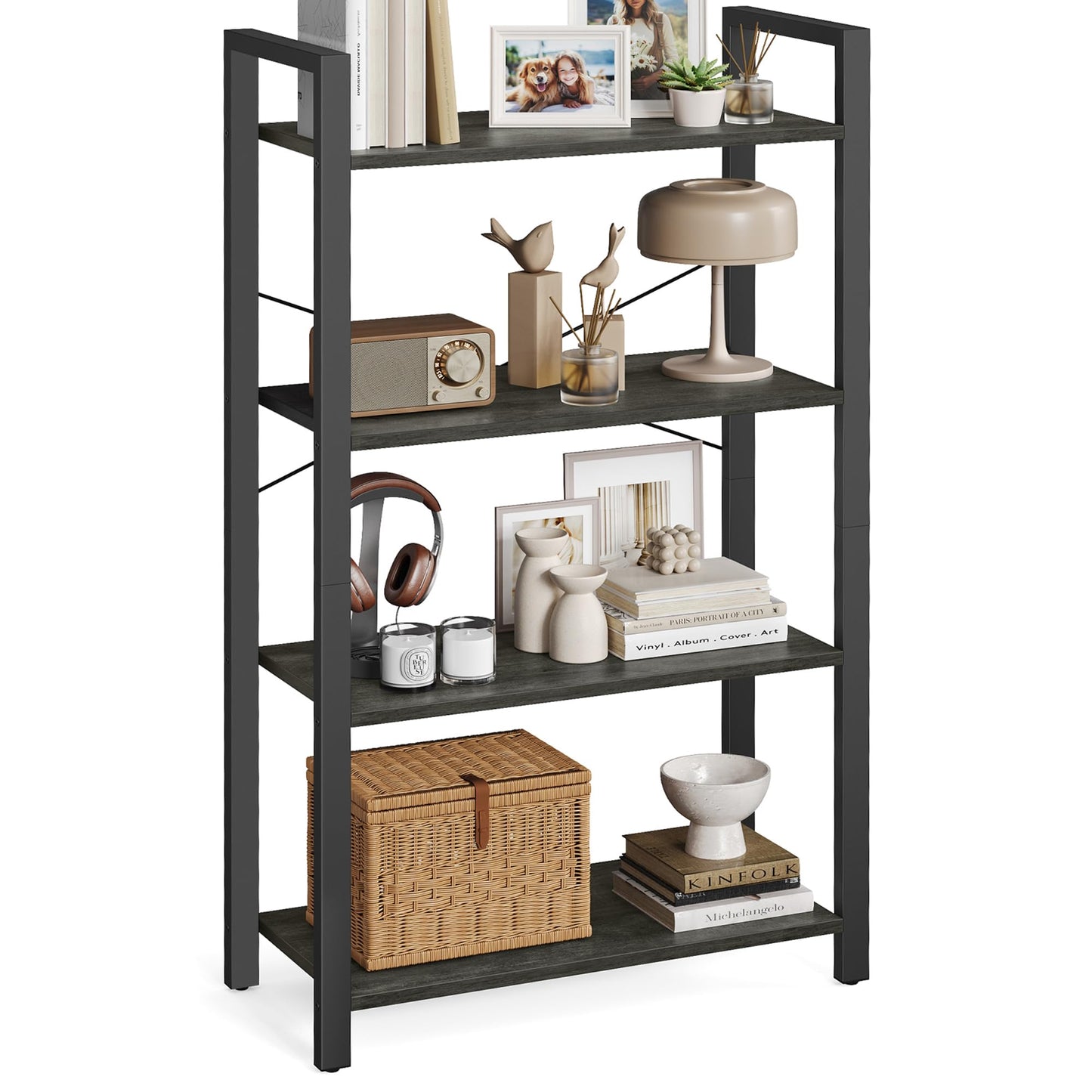 VASAGLE 4-Tier Bookshelf, Bookcase with Steel Frame, Book Shelf for Living Room, Home Office, Study, 11.8 x 26 x 47 Inches, Industrial Style, Charcoal Grey and Ink Black ULLS060B04