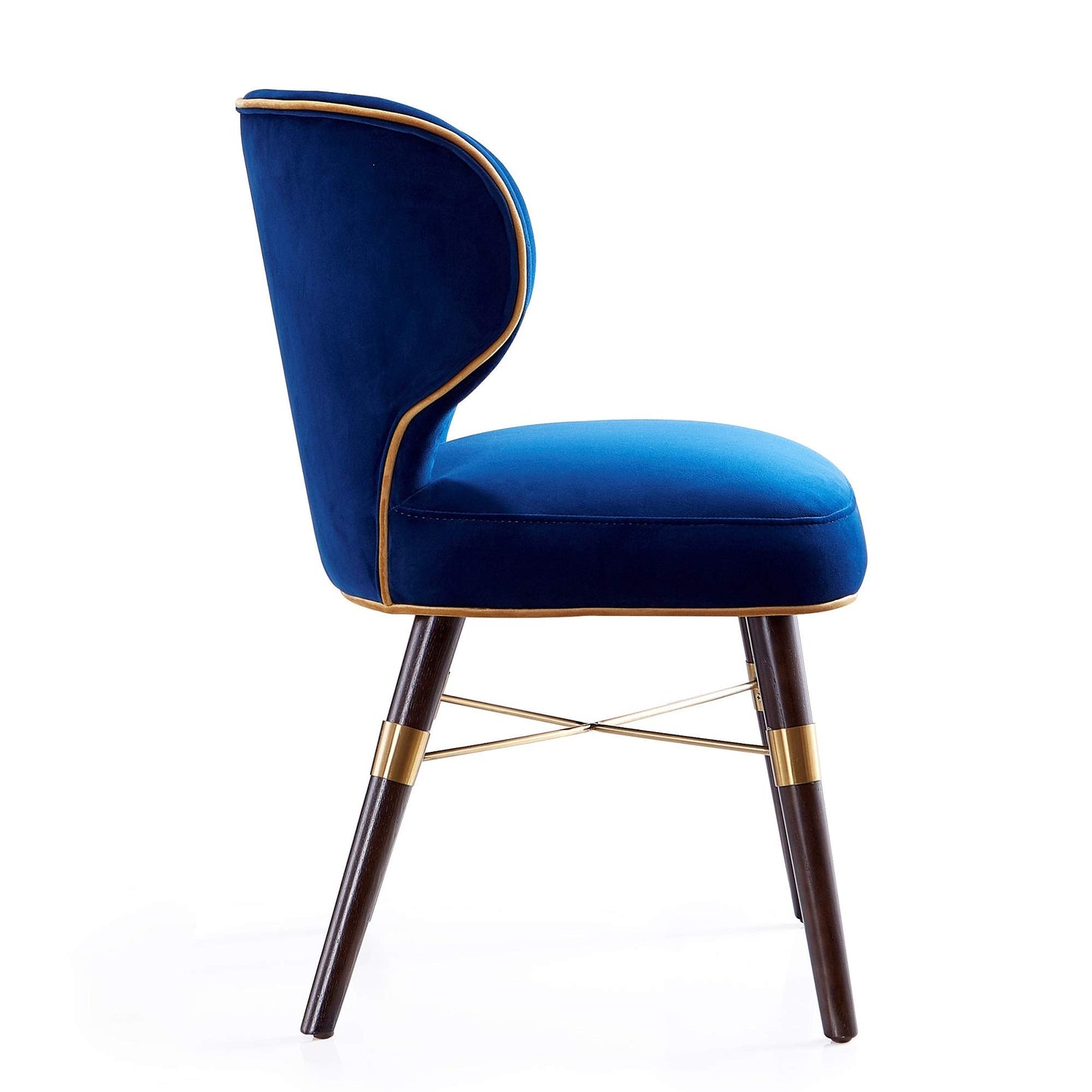 Manhattan Comfort Strine Modern Rounded Back Dining Chair Upholstered in Velvet & Leatherette with High-Density Foam Padding, Wood Frame & Criss Cross Gold Metal Base, Set of 1, Blue