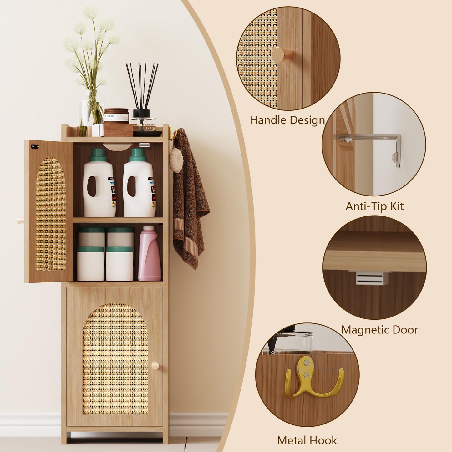 Arbuxzuy Rattan Bathroom Storage Cabinet,Corner Floor Cabinet with 2 Doors and Adjustable Shelf, Narrow Toilet Paper Cabinets with 2Hooks,Toilet Organizer for Small Spaces,7.87"D*9.84"W*29.72"H Oak