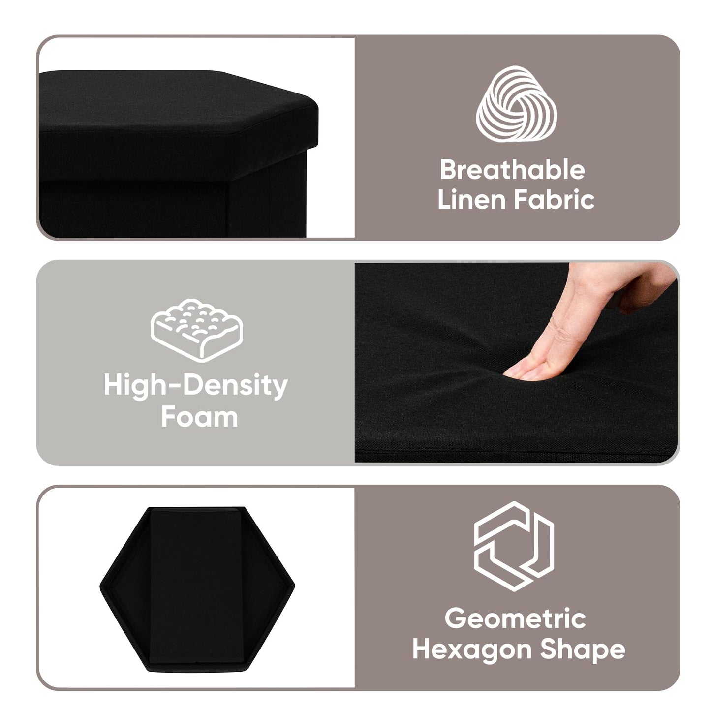ZOLANOful Hexagon Storage Ottoman, Foldable Linen Footrest with Hidden Storage, Upholstered Ottoman Footstool for Living Room, Bedroom, Dorm, Entryway, 15 x 16.9 x 15 Inches, Black