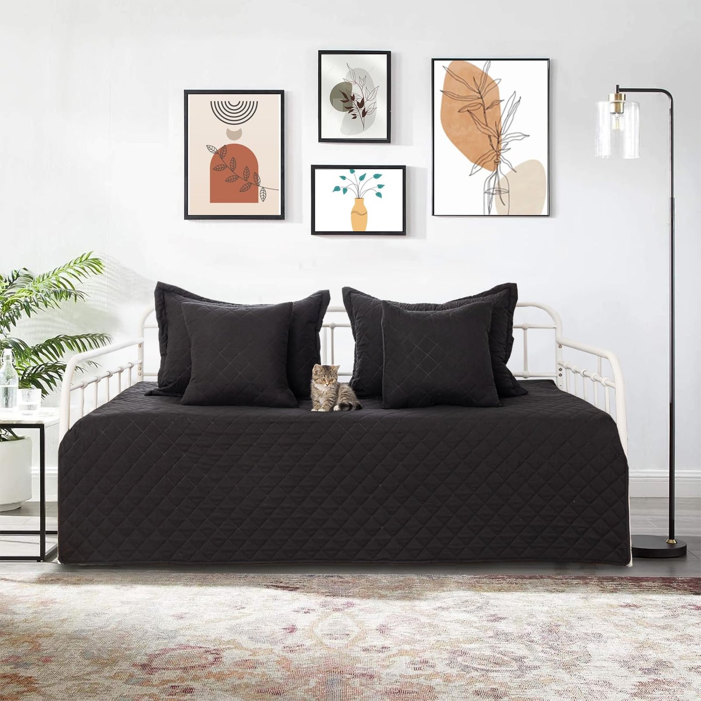TieyaChkis 5 Piece Daybed Cover Set Twin Daybed Bedding Sets for All Season Lightweight Daybed Comforter with Matching Shams&Decorative Pillows, Double Sided-Quilting Day Bed Cover,39"x75",Black