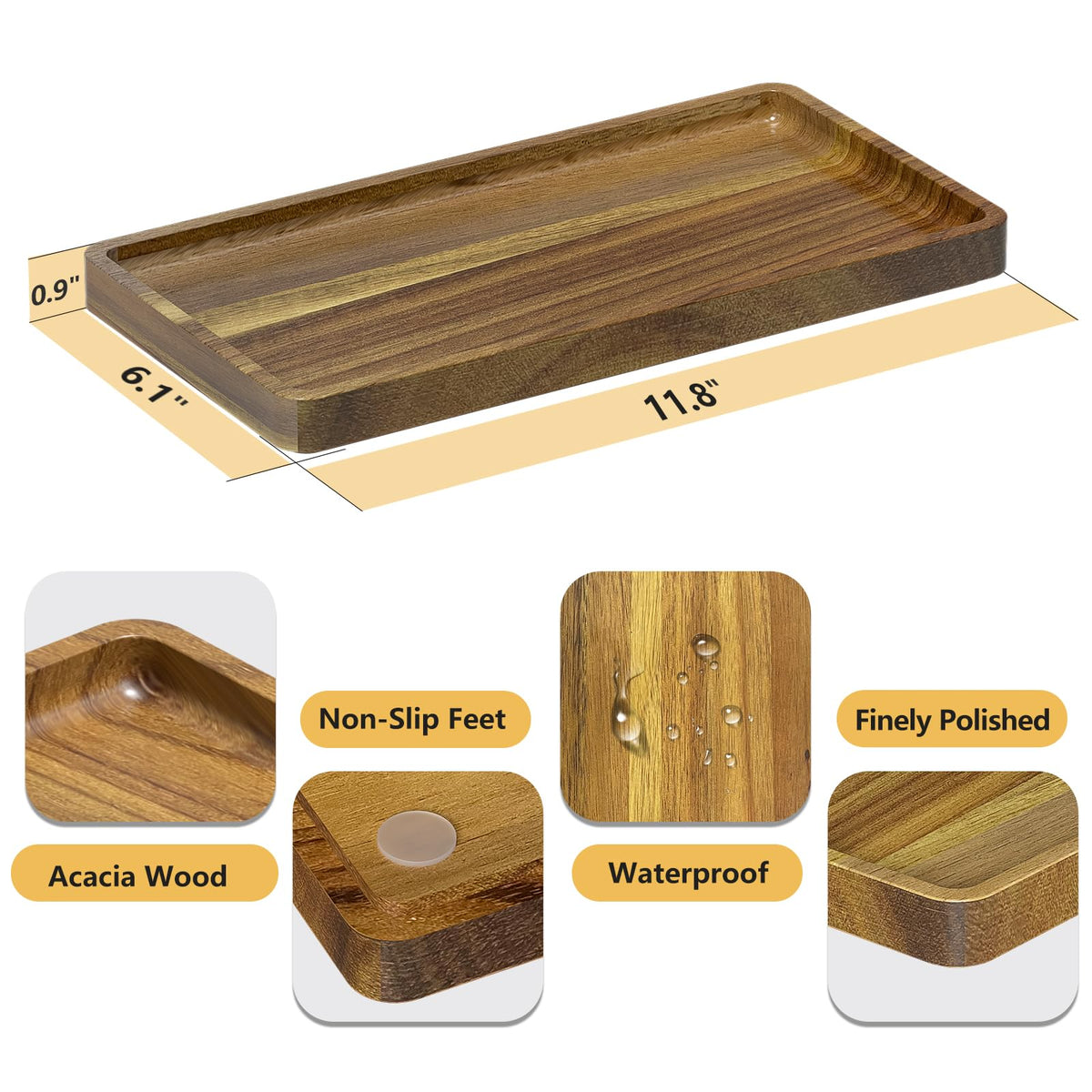 WEENSON Acacia Wood Bathroom Vanity Tray for Soap Dispenser, Toiletries, Makeup, Perfume, Decor, Kitchen Tray for Counter Salt Spice, Toilet Tank Tray for Candle, Nightstand 11.8"x6.1"