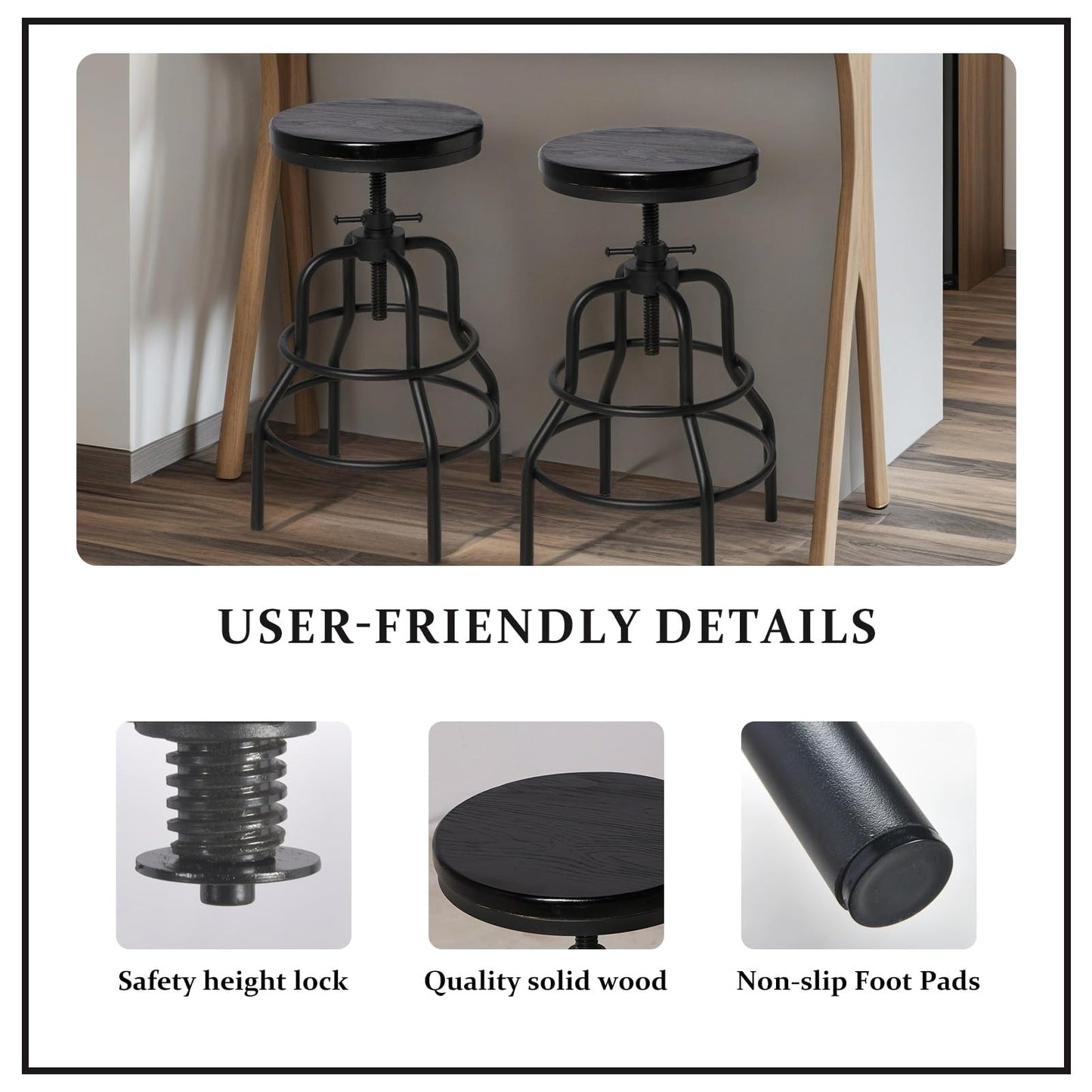 LOKKHAN Vintage Industrial Bar Stool-Rustic Swivel Bar Stool-Round Walnut Wood Metal Stool-Counter/Bar Height Adjustable Pipe Stool-Cast Steel Stool 23.62"-29.52" (Set of 2)