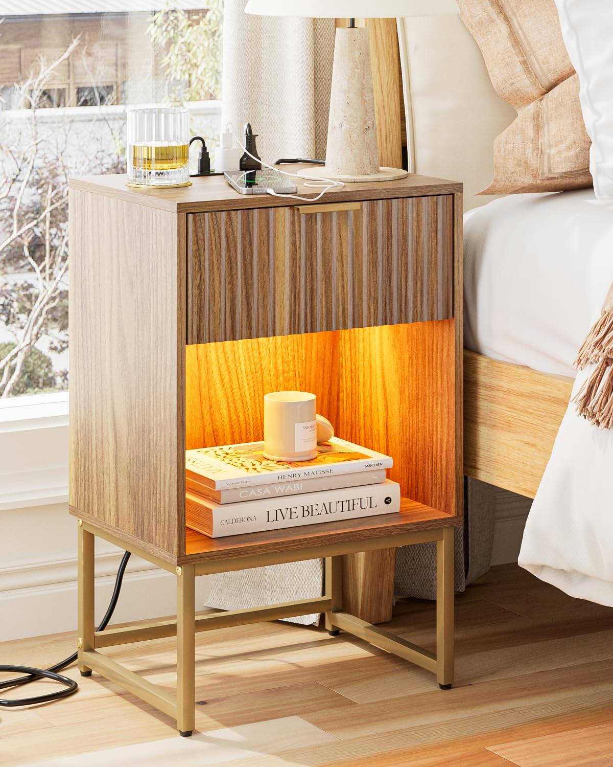 Masupu Fluted Nightstand with Charging Station and LED Lights,Modern Night Stand Wood Bedside Table with Storage Drawer Side End Table for Bedroom,Office,Walnut Brown