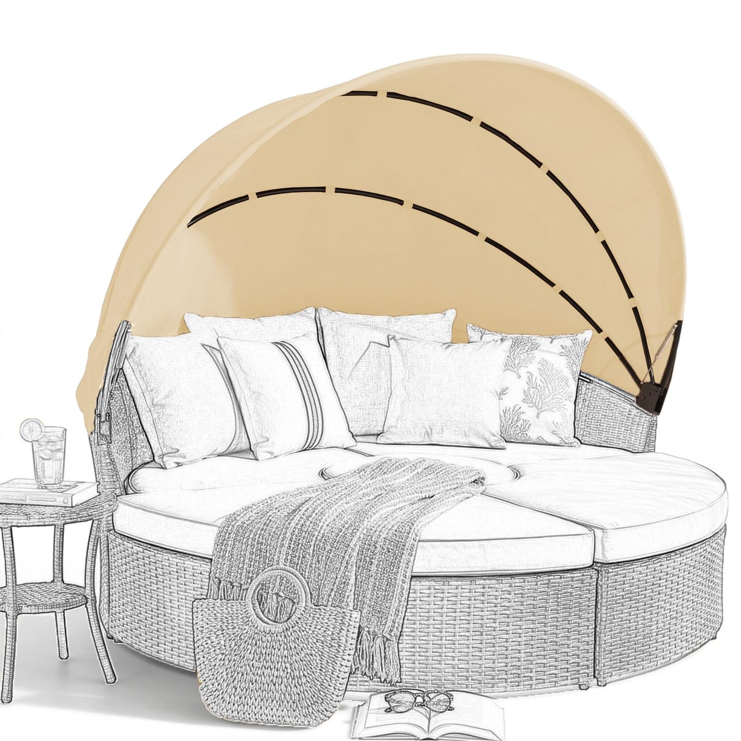 SWFEMWS Round Canopy Cover for 66''~75'' Outdoor Daybeds, Water-Resistant & UV-Resistant, Easy Installation with Hook and Loop Straps, Fits Wicker Sunbeds, No Tools Needed (Beige)