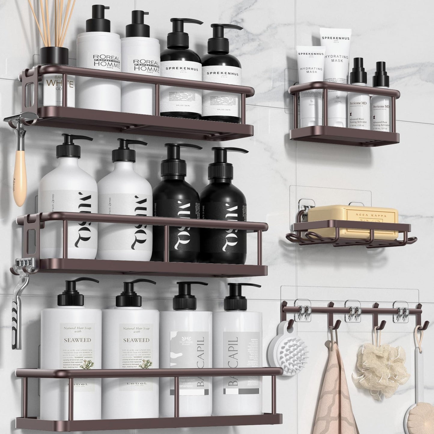 YASONIC Shower Caddy Adhesive, Rustproof Shower Organizer with Soap Holder, Large Capacity Shower Shelves for Inside Shower, No Drilling Bathroom Organizers and Storage for Home Decor（6 Pack Bronze）