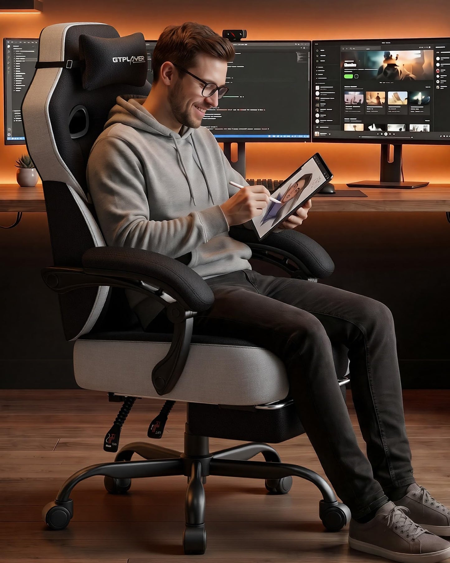 GTPLAYER Big & Tall Gaming Chair, 90°-155° Adjustable Reclining Office Seat with Footrest, Ergonomic Comfy Computer Desk Chair for Adults, Home Office Gaming Study Use, Black & LightGray