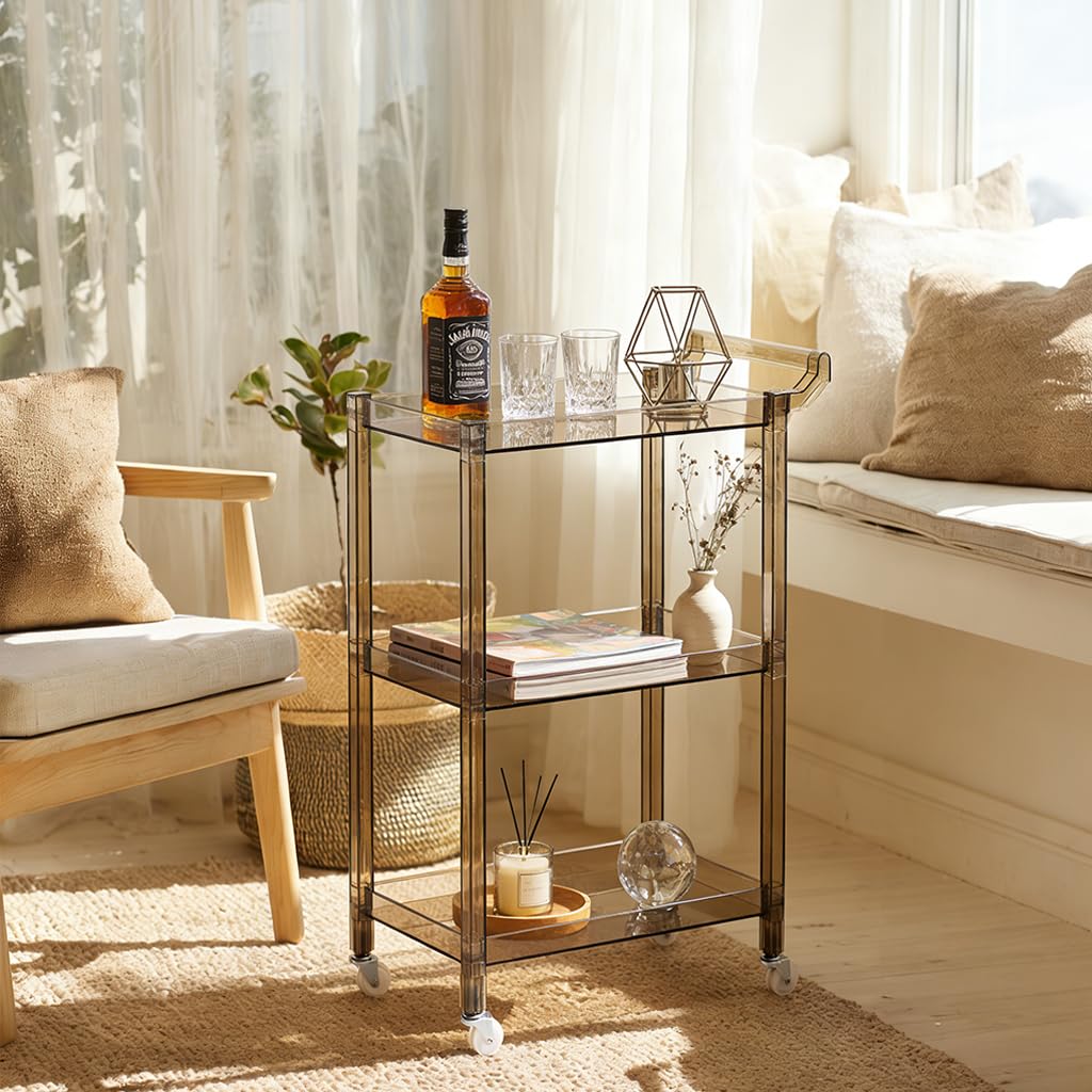 Dachsy Acrylic-Style Utility Rolling Cart, 3-Tier Clear Storage Cart with Pulling Handle & 4 Wheels for Kitchen Living Room Dining Bathroom Laundry, Multifunction Serving Trolley (Transparent)