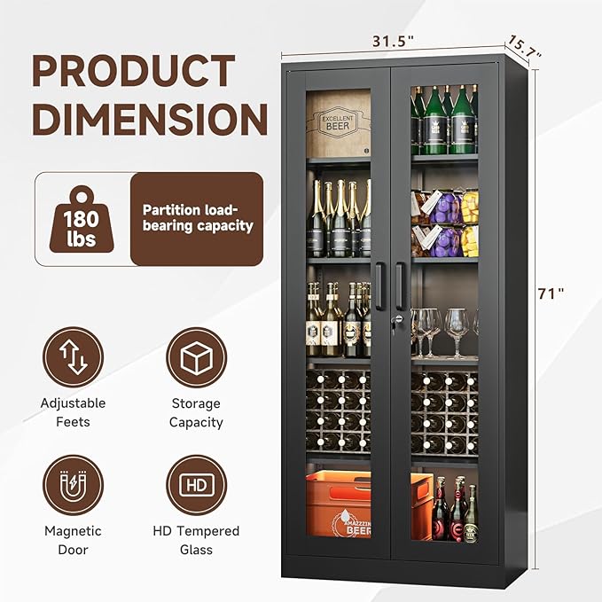 PEUKC Display Cabinet with Glass Doors, 71 Inches Metal Display Case with 4
