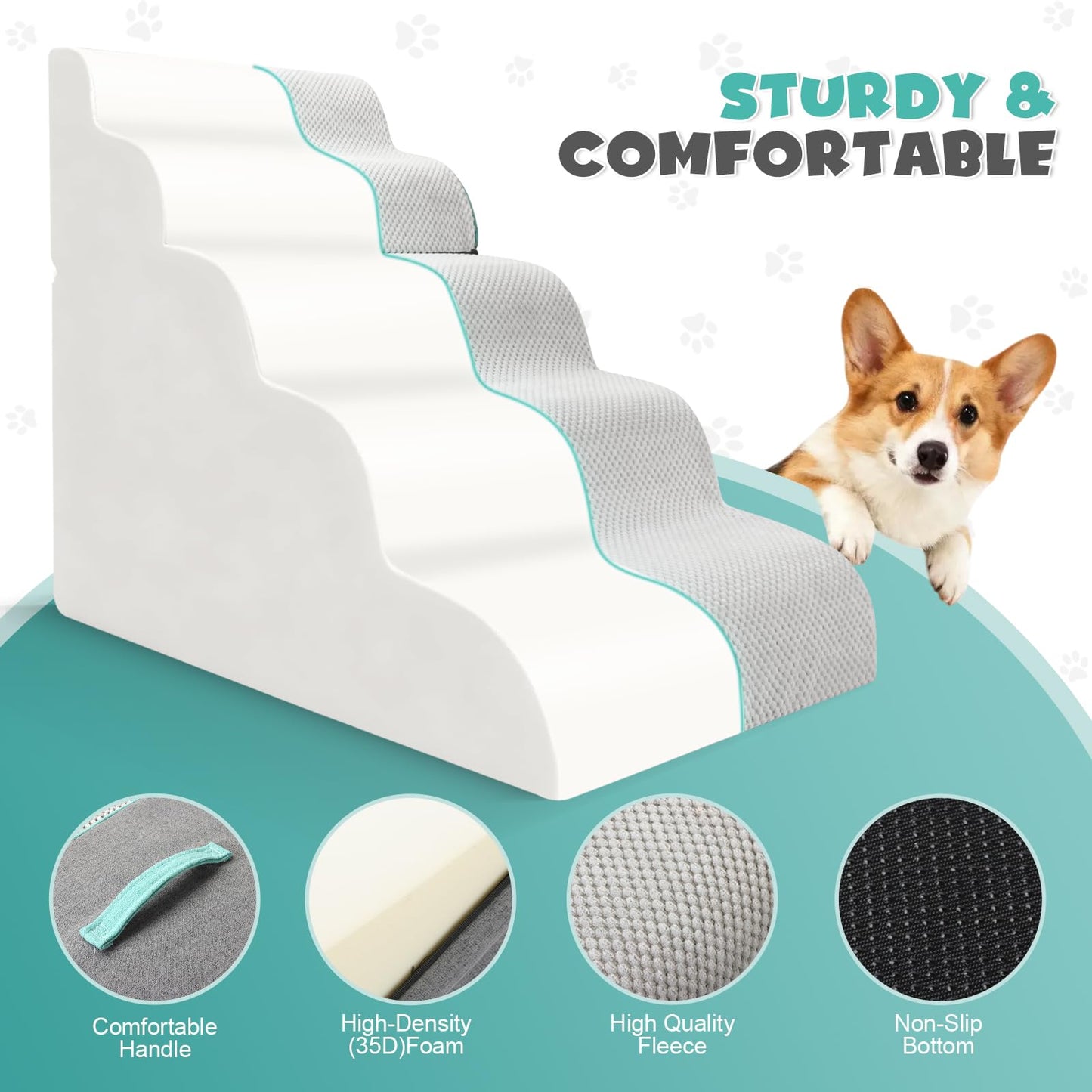 DAORDAER Dog Stairs for High Bed, 27.9 Inch Height 5-Step,Foldable Pet Stairs for Small Dogs and Older Pets,Curved 2 in 1 with Zippers Non-Slip Balanced Pet Ramp,Grey