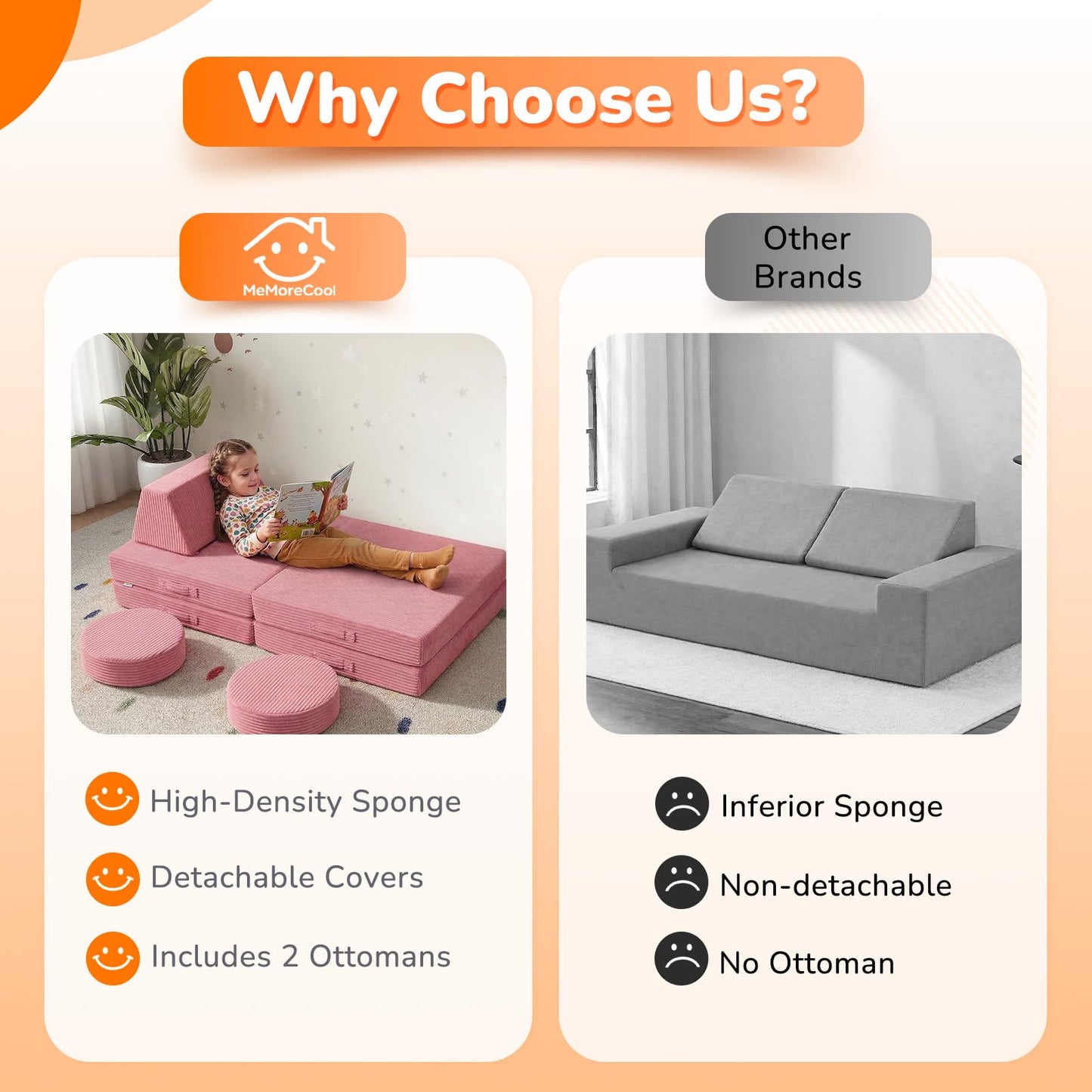 MeMoreCool Kids Couch for Playroom, Corduroy Convertible Toddler Couch, 8 Piece Modular Play Sofa, Foam Fort Building Set for Child Room Furniture, Pink
