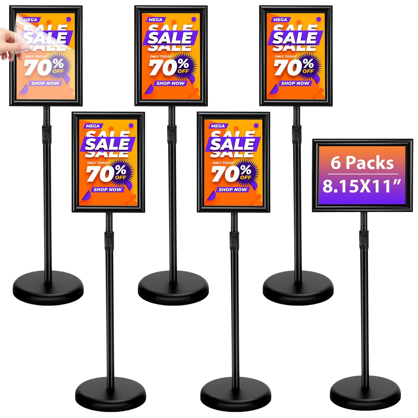 Feifeiya 6 Pack Adjustable Sign Stand Holder 8.5'' x 11" Floor Standing Sign with Base and Snap open Frame Pedestal Stand for Indoor Outdoor Display Vertical Horizontal View(Square Corner,Black)