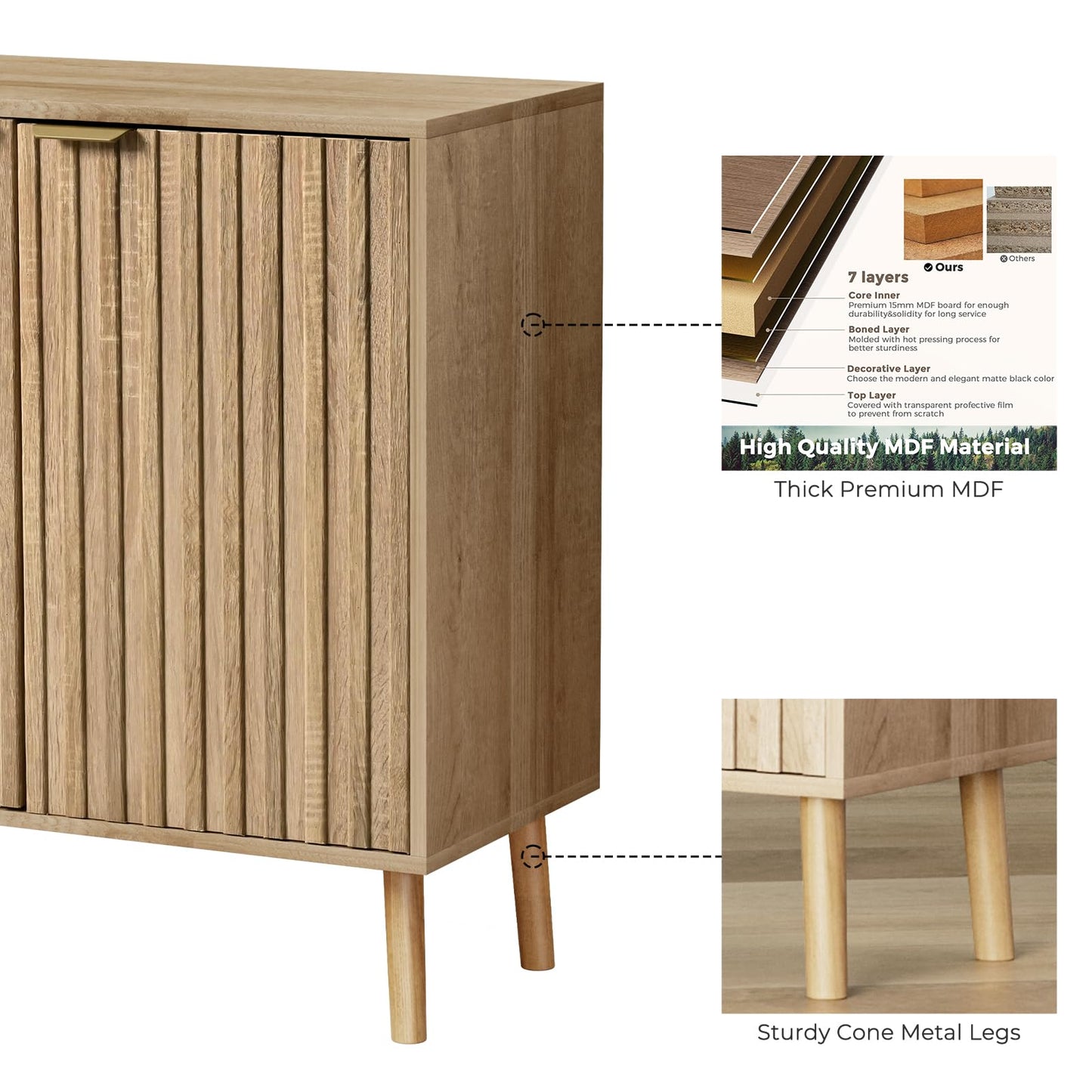Vrullu Fluted Storage Cabinet, Freestanding Buffet Cabinet with Adjustable Shelf, Wood Sideboard, Multifunctional Accent Storage for Living Room, Hallway, Entryway, Dining Room (1, Oak)