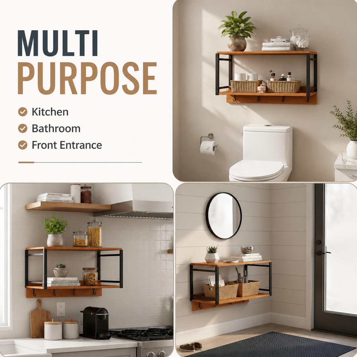 Wall Mounted Nightstand with Storage Shelf, Floating Bedside Table with Hooks, Space-Saving Modern Nightstand for Bedroom, Dorm Room, or Small Spaces