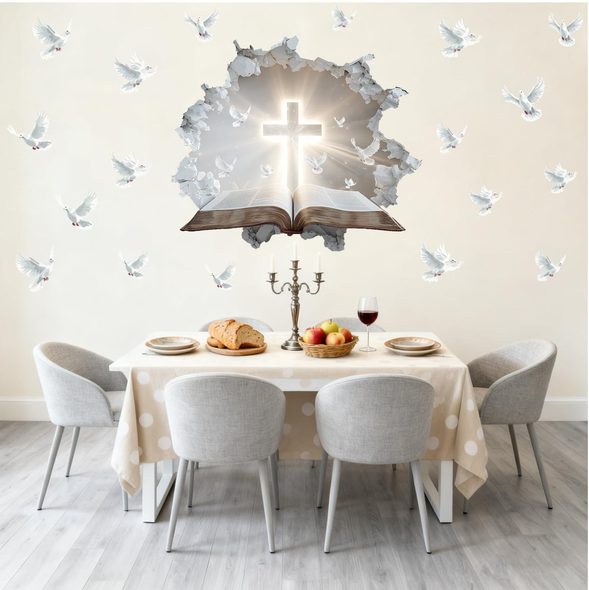 YIMEHDAN 3D Holy Cross Wall Decal, Bible and Pigeon Vinyl Wall Stickers, Removable Blessed Cross Artwork for Christian Religious Prayer Bedroom Living Room Christmas Decor
