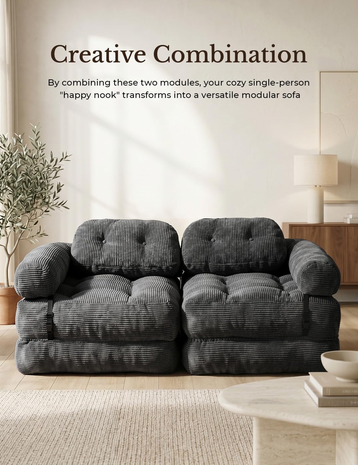 Vellorise Folding Sofa Bed, L-Shaped Couch Back Support and Arm Pillow Futon, Convertible Sofa Bed for Living Room/Guest Use/Home Office, Boneless Foldable Couch for Adults, Dark Gray