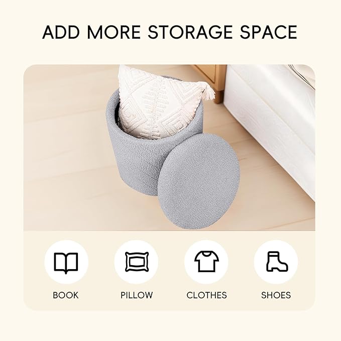 PINPLUS Ottoman with Stroage Round Boucle Ottoman and Tray Sherpa Removable