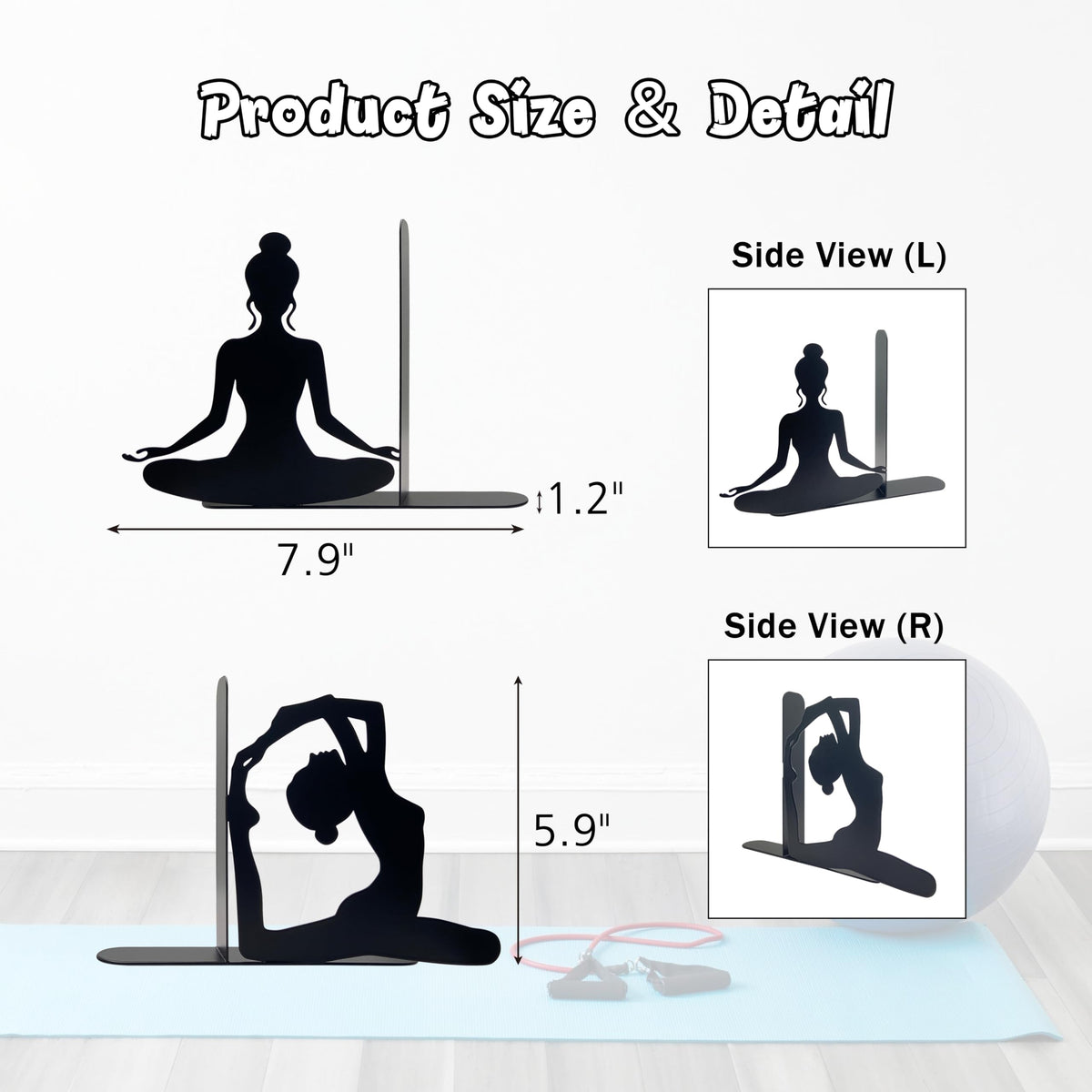 Yoga Pose Metal Decorative Bookends, Yoga Decor, Yoga Gifts for Women for Home, Bedroom, Bookshelf, Office Decor, Living Room Decor(Black)