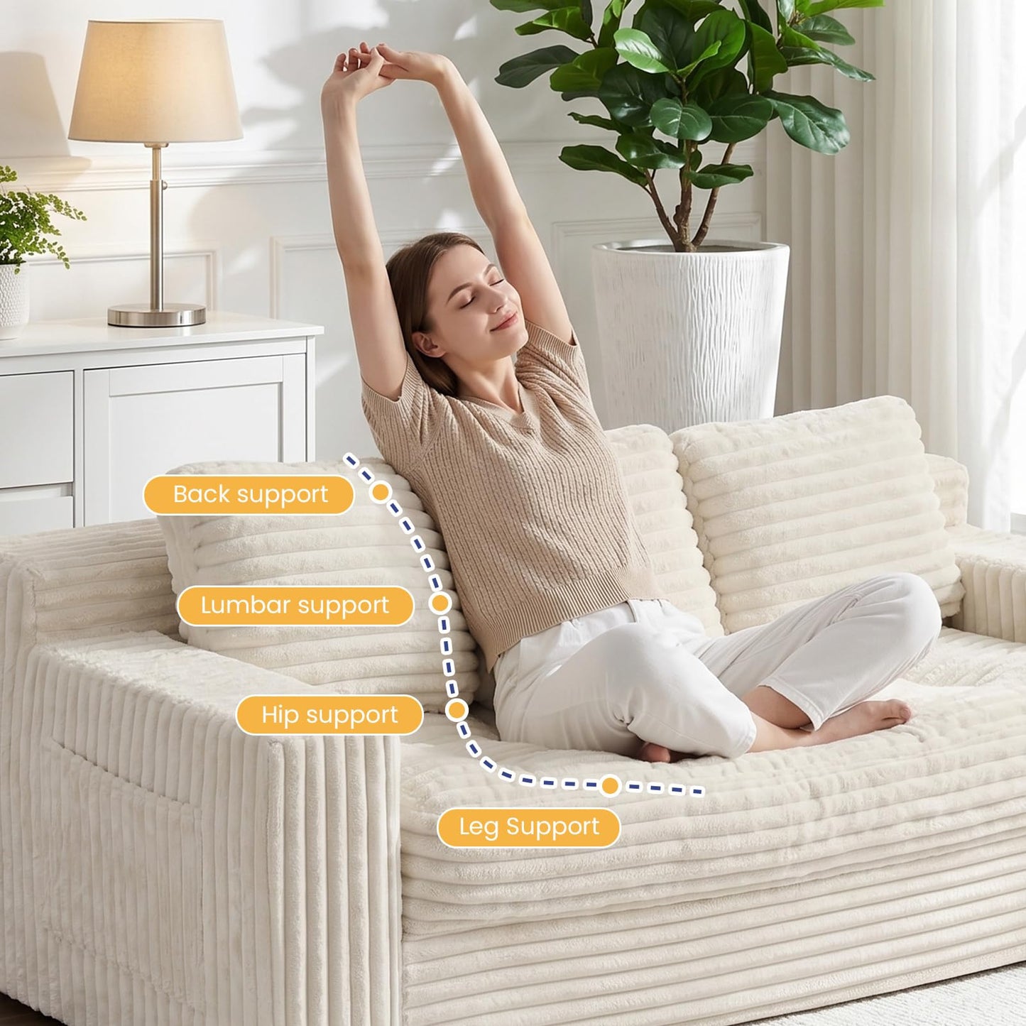 NLDD Boneless Couch, Cloud Loveseat Sofa Corduroy Couch in a Box, Upholstered Boneless 3 Seater Couch for Living Room Bedroom Office Apartment, No Assembly Required, Beige