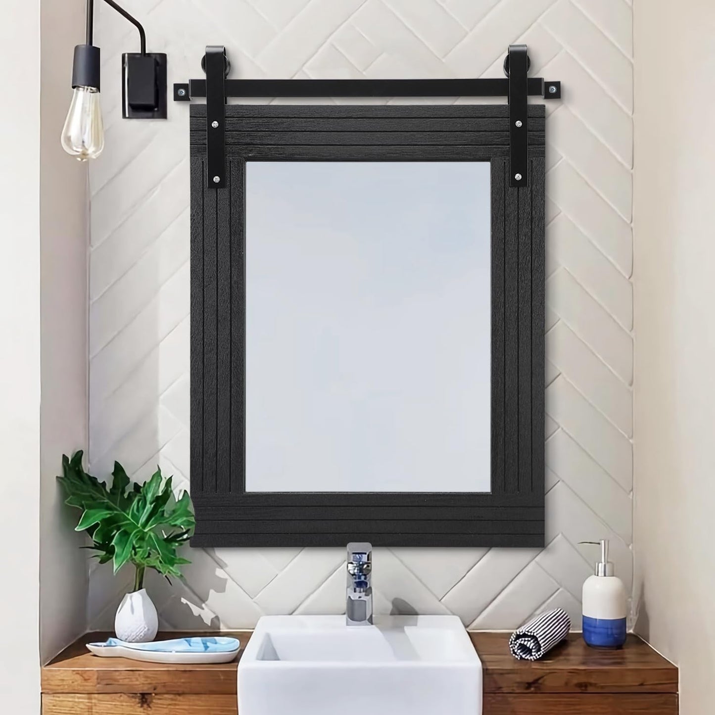 AAZZKANG Black Mirror Large 26"x18" Barn Door Rustic Mirror with Wood Frame Rectangle Decorative Bathroom Bedroom Farmhouse Mirror Wall Decor